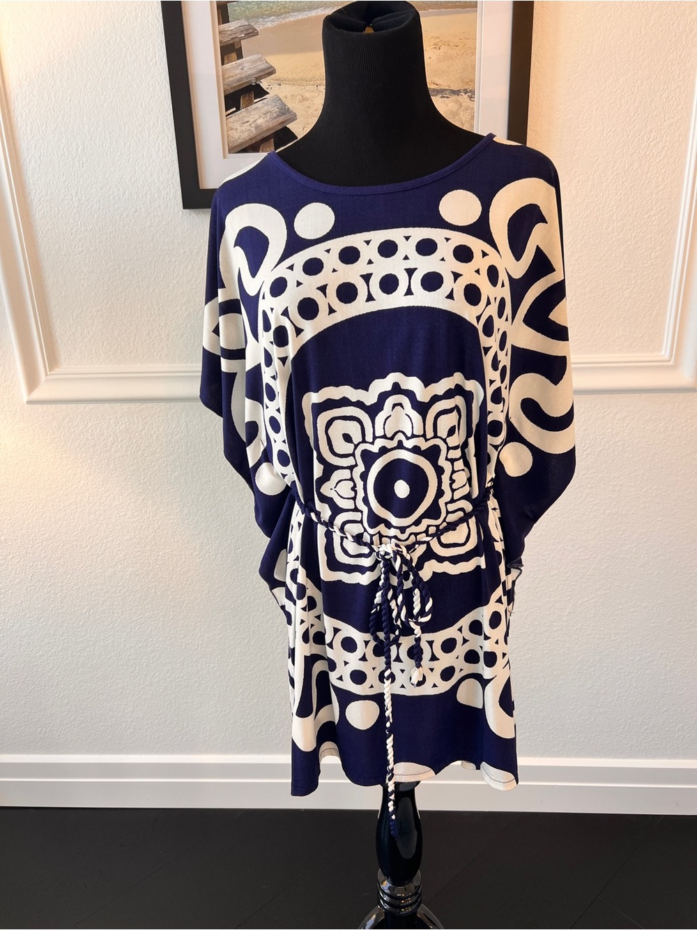 Navy & Cream Graphic Tunic Dress with Braided Waist Tie